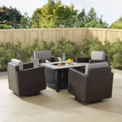 Palm Harbor 5pc Outdoor Wicker Conversation Set With Fire Table - Gray - Crosley