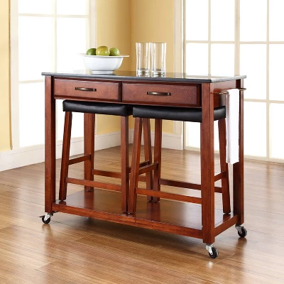 Granite Top Kitchen Prep Cart With 2 Upholstered Saddle Stools Cherry - Crosley 2 Granite Top Kitchen Prep Cart With 2 Upholstered Saddle Stools Cherry - Crosley - Image 2