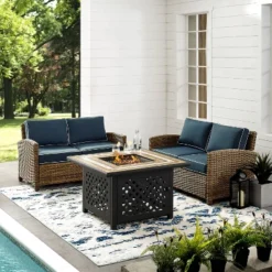 3pc Bradenton Outdoor Steel Fire Pit Set With 2 Loveseats Navy/Weathered Brown - Crosley -Cheap Crosley Store GUEST 2094d08d 0760 4678 86a6 658c345ff888