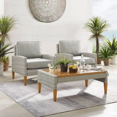 Capella Outdoor Wicker 3 Pc Set With Two Chairs And Coffee Table Gray/Acorn - Crosley 4 Capella Outdoor Wicker 3 Pc Set With Two Chairs And Coffee Table Gray/Acorn - Crosley - Image 4