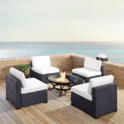 Biscayne 5pc Outdoor Wicker Conversation Set With 4 Armless Chairs & Fire Pit - White - Crosley
