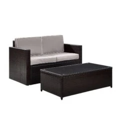 Palm Harbor 2pc Outdoor Wicker Seating Set With Gray Cushions- Loveseat & Glass Top Table - Crosley