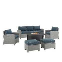 Bradenton 6pc Outdoor Wicker Sofa And Arm Chair Seating Set With Dante Fire Table And 2 Ottomans - Navy/Gray - Crosley -Cheap Crosley Store GUEST 48adff7a 4f9a 4b30 8211 7cb14cc23792