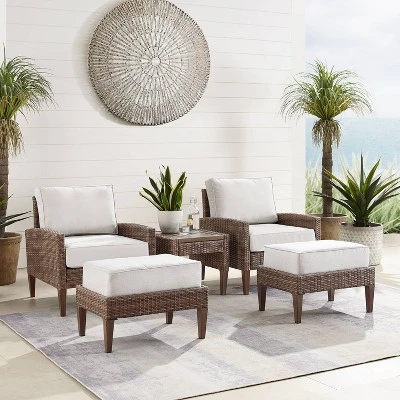 Capella 5pc Outdoor Wicker Conversation Set With Arm Chairs, Ottomans & Side Table - Cream/Brown - Crosley 1 Capella 5pc Outdoor Wicker Conversation Set With Arm Chairs, Ottomans & Side Table - Cream/Brown - Crosley