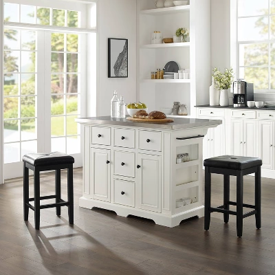 Julia Stainless Steel Top Island With Upholstered Square Stools White/Black - Crosley 1 Julia Stainless Steel Top Island With Upholstered Square Stools White/Black - Crosley