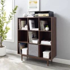 49.5" Liam 9 Cube Record Storage Bookcase With Speaker Walnut - Crosley