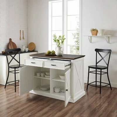 Clifton Kitchen Island With Camille Stools Distressed White/Black - Crosley 2 Clifton Kitchen Island With Camille Stools Distressed White/Black - Crosley - Image 2