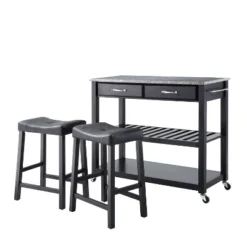 Gray Granite Top Kitchen Prep Cart With 2 Upholstered Saddle Stools - Crosley -Cheap Crosley Store GUEST 5a904138 5887 492f 8764 c924bd3e8034