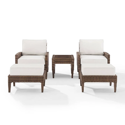 Capella 5pc Outdoor Wicker Conversation Set With Arm Chairs, Ottomans & Side Table - Cream/Brown - Crosley 2 Capella 5pc Outdoor Wicker Conversation Set With Arm Chairs, Ottomans & Side Table - Cream/Brown - Crosley - Image 2
