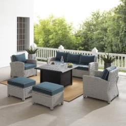 Bradenton 6pc Outdoor Wicker Sofa And Arm Chair Seating Set With Dante Fire Table And 2 Ottomans - Navy/Gray - Crosley -Cheap Crosley Store GUEST 72fad8e6 13a4 4cea 8f3a 32c7f82a738d
