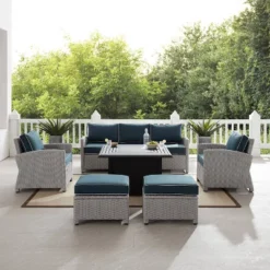 Bradenton 6pc Outdoor Wicker Sofa And Arm Chair Seating Set With Dante Fire Table And 2 Ottomans - Navy/Gray - Crosley -Cheap Crosley Store GUEST 731ca293 697c 4564 8769 864dcd17bc5f