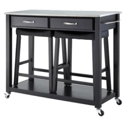 Stainless Steel Top Kitchen Cart/Island - Black With 24" Black Upholstered Saddle Stools - Crosley