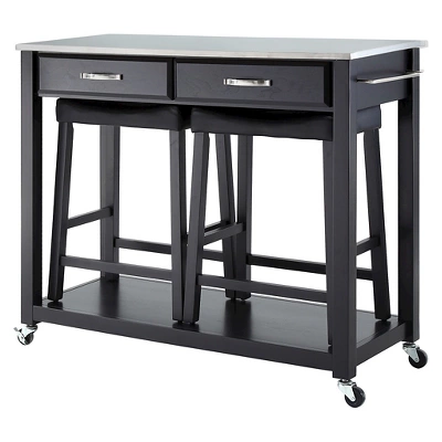 Stainless Steel Top Kitchen Cart/Island - Black With 24" Black Upholstered Saddle Stools - Crosley 1 Stainless Steel Top Kitchen Cart/Island - Black With 24" Black Upholstered Saddle Stools - Crosley