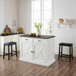 Clifton Kitchen Island With Upholstered Saddle Stools Distressed White/Black - Crosley