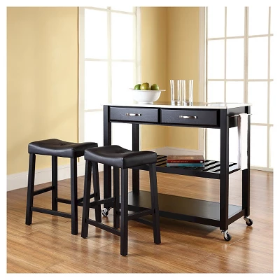 Stainless Steel Top Kitchen Cart/Island - Black With 24" Black Upholstered Saddle Stools - Crosley 2 Stainless Steel Top Kitchen Cart/Island - Black With 24" Black Upholstered Saddle Stools - Crosley - Image 2