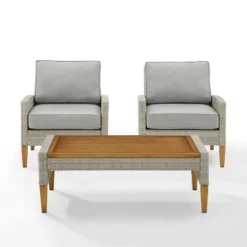 Capella Outdoor Wicker 3 Pc Set With Two Chairs And Coffee Table Gray/Acorn - Crosley