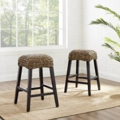 Set Of 2 Edgewater Backless Counter Height Barstools Seagrass/Dark Brown - Crosley