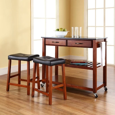 Granite Top Kitchen Prep Cart With 2 Upholstered Saddle Stools Cherry - Crosley 1 Granite Top Kitchen Prep Cart With 2 Upholstered Saddle Stools Cherry - Crosley