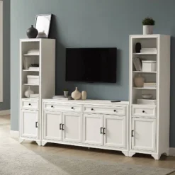 3pc Tara Entertainment Set With Open Shelving Distressed White - Crosley