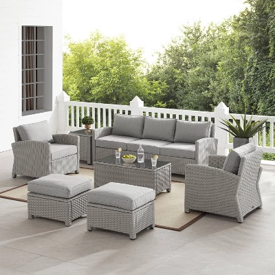 Bradenton 7pc Outdoor Wicker Sofa And Arm Chair Seating Set With Coffee Table, Side Table And 2 Ottomans - Gray/Gray - Crosley 1 Bradenton 7pc Outdoor Wicker Sofa And Arm Chair Seating Set With Coffee Table, Side Table And 2 Ottomans - Gray/Gray - Crosley