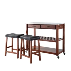 Stainless Steel Top Kitchen Prep Cart With 2 Upholstered Saddle Stools Cherry - Crosley -Cheap Crosley Store GUEST beecc99e ac30 4e75 9d30 75938ebebcd8