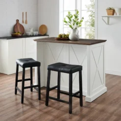 Clifton Kitchen Island With Upholstered Saddle Stools Distressed White/Black - Crosley -Cheap Crosley Store GUEST c192a615 fc9b 492a 93e9 ab2419cdb5dd