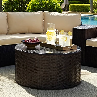 Catalina Outdoor Round Wicker Coffee Table - Brown - Crosley 1 Catalina Outdoor Round Wicker Coffee Table - Brown - Crosley
