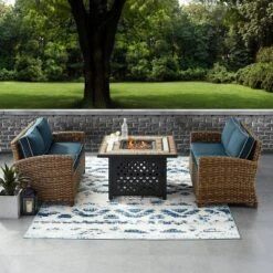 3pc Bradenton Outdoor Steel Fire Pit Set With 2 Loveseats Navy/Weathered Brown - Crosley