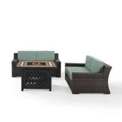 Beaufort 3 Pc Outdoor Wicker Conversation Set - 2 Loveseats With Fire Table - Mist/Brown - Crosley