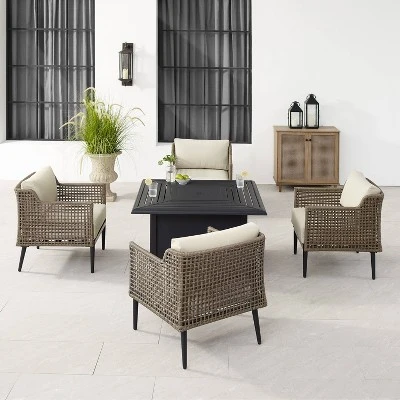 Southwick 5pc Outdoor Wicker Conversation Set With 4 Arm Chairs & Dante Fire Table - Cream/Light Brown - Crosley 2 Southwick 5pc Outdoor Wicker Conversation Set With 4 Arm Chairs & Dante Fire Table - Cream/Light Brown - Crosley - Image 2