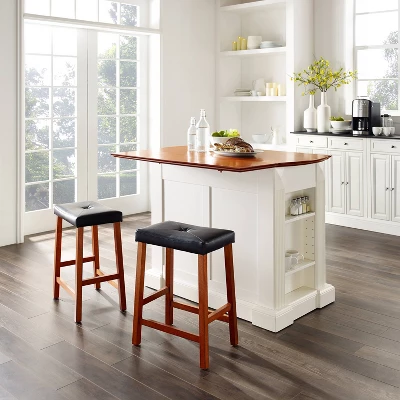 Coventry Drop Leaf Top Kitchen Island With Upholstered Saddle Stools White - Crosley 3 Coventry Drop Leaf Top Kitchen Island With Upholstered Saddle Stools White - Crosley - Image 3