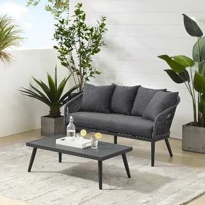 Dover 2pc Outdoor Rope Conversation Set With Loveseat & Coffee Table - Charcoal/Matte Black - Crosley 1 Dover 2pc Outdoor Rope Conversation Set With Loveseat & Coffee Table - Charcoal/Matte Black - Crosley