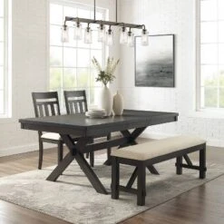 Hayden 4pc Extendable Dining Set With Bench And 2 Slat Back Chairs Slate - Crosley