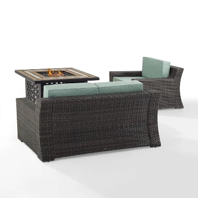 Beaufort 3 Pc Outdoor Wicker Conversation Set Loveseat And Chair With Fire Table - Mist/Brown - Crosley 2 Beaufort 3 Pc Outdoor Wicker Conversation Set Loveseat And Chair With Fire Table - Mist/Brown - Crosley - Image 2
