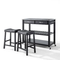 Gray Granite Top Kitchen Prep Cart With 2 Upholstered Saddle Stools - Crosley -Cheap Crosley Store GUEST ec5f725f 0100 4934 9fd9 50c034d1abf7
