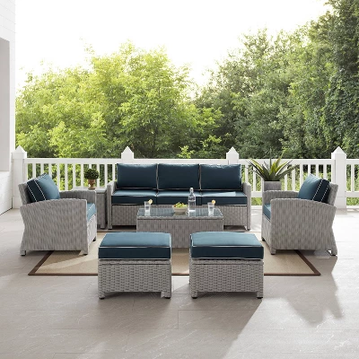 Bradenton 7pc Outdoor Wicker Sofa And Arm Chair Seating Set With Coffee Table, Side Table And 2 Ottomans - Navy/Gray - Crosley 2 Bradenton 7pc Outdoor Wicker Sofa And Arm Chair Seating Set With Coffee Table, Side Table And 2 Ottomans - Navy/Gray - Crosley - Image 2